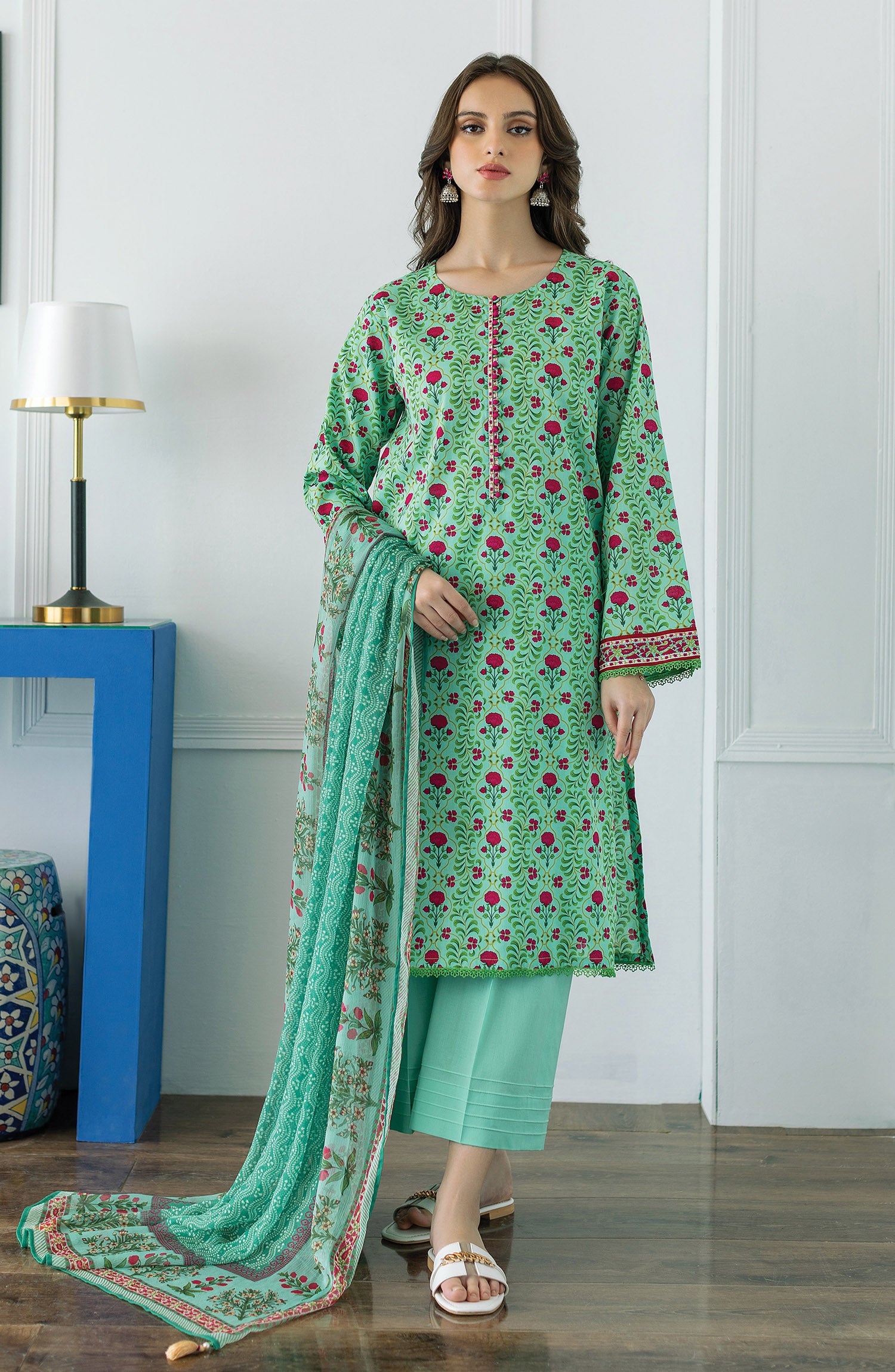 OTL-23-065/U TURQUOISE LAWN  UNSTITCHED SHIRT DUPATTA PANTS