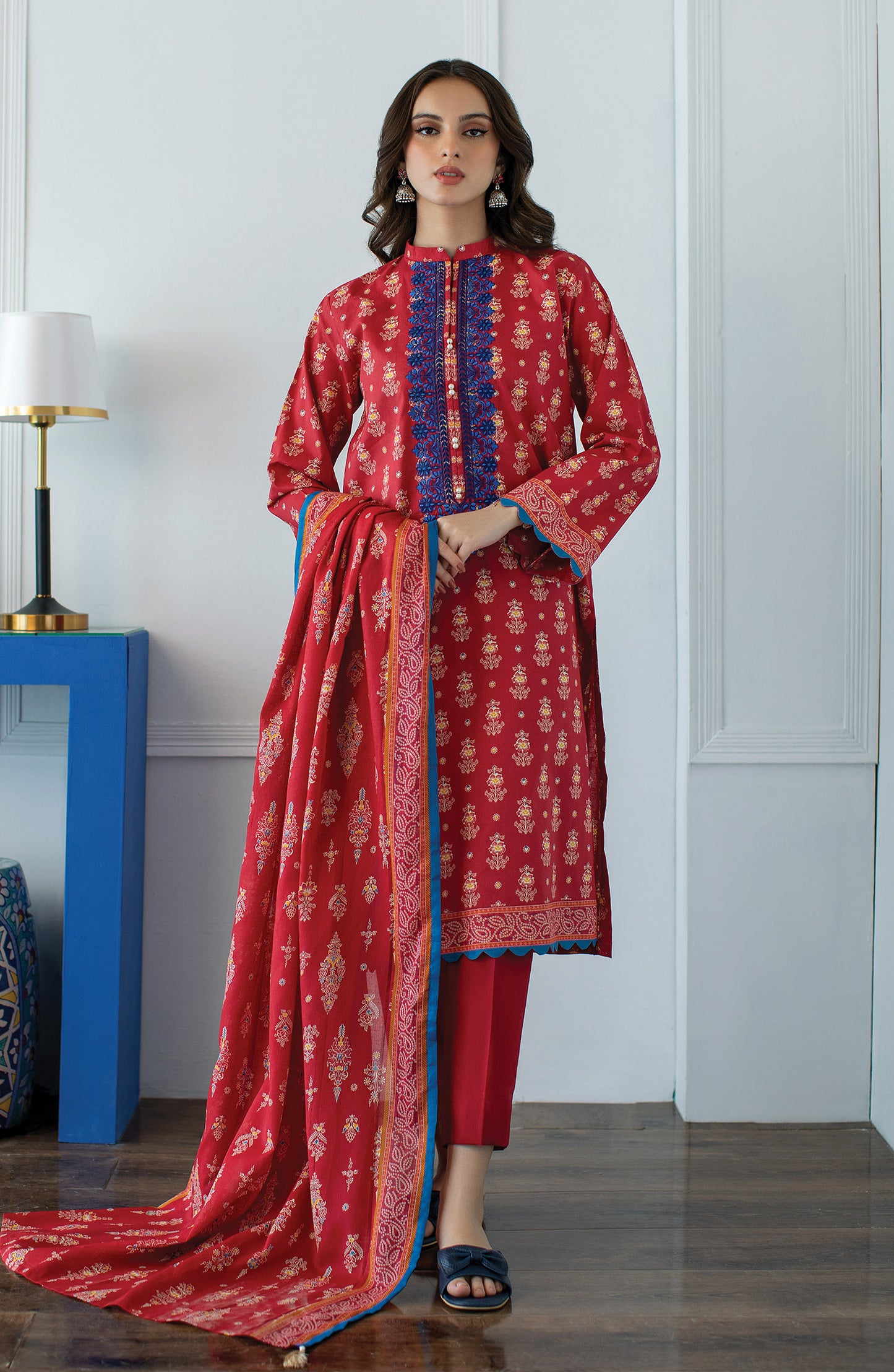 OTL-23-039/U RED LAWN  UNSTITCHED SHIRT DUPATTA PANTS