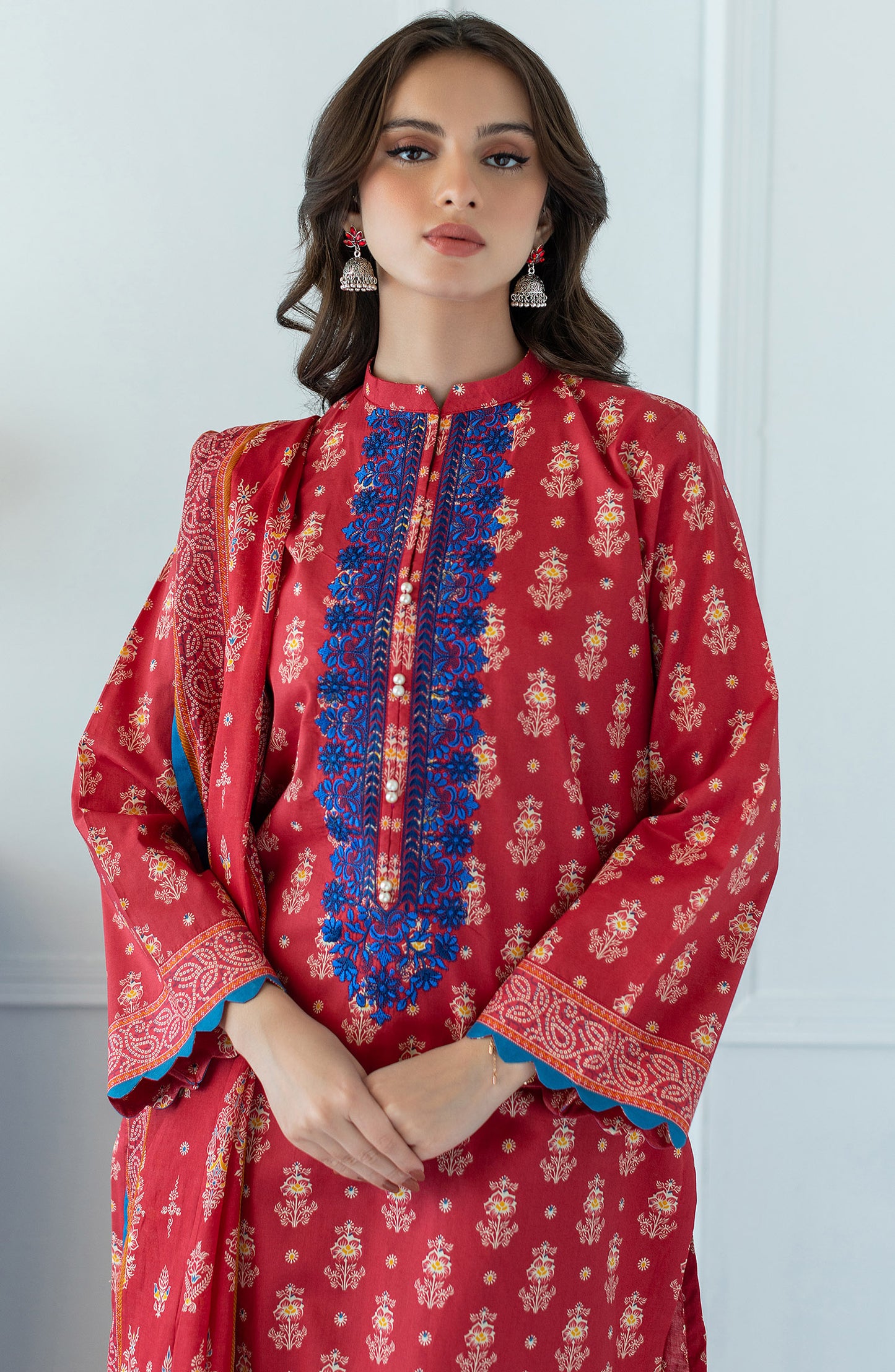 OTL-23-039/U RED LAWN  UNSTITCHED SHIRT DUPATTA PANTS