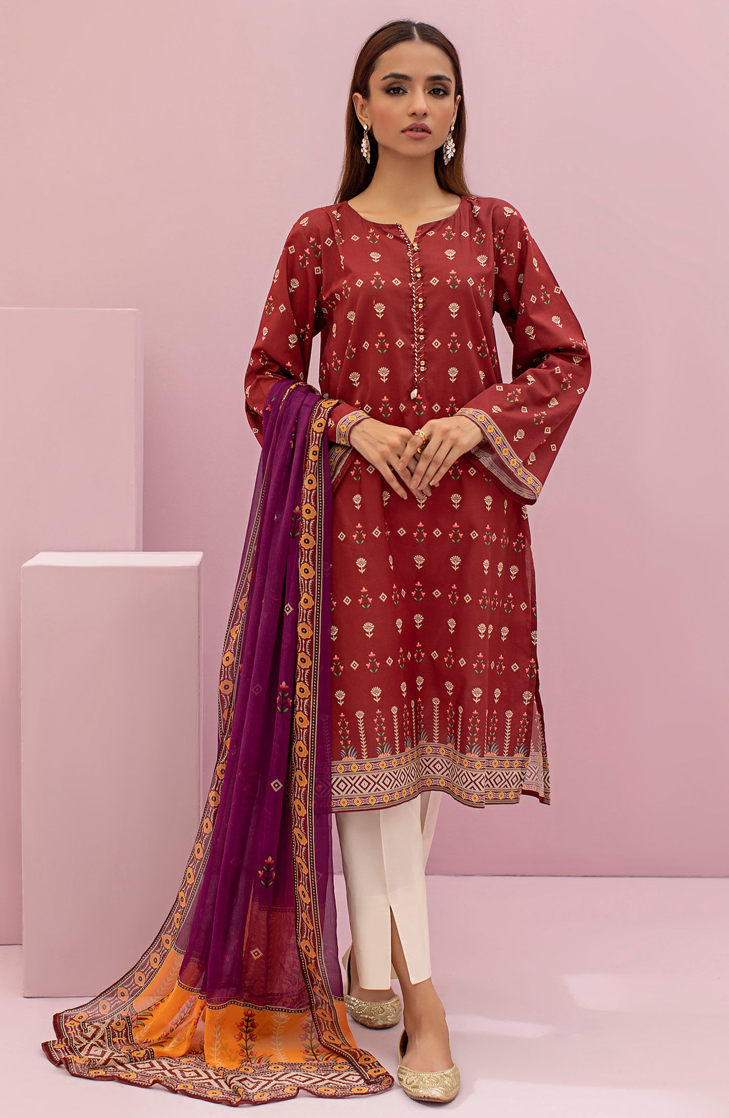 NRDS-22-037/U MAROON LAWN  UNSTITCHED SHIRT DUPATTA