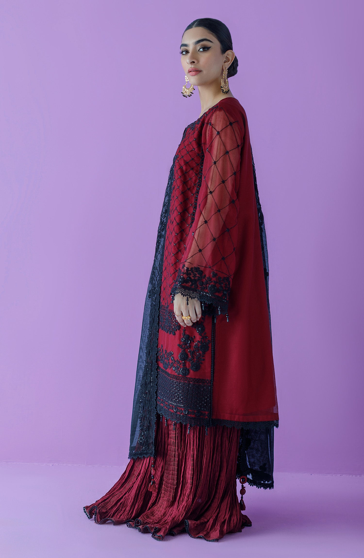 OTLF-23-025 RED KHADDI NET  UNSTITCHED SHIRT DUPATTA PANTS