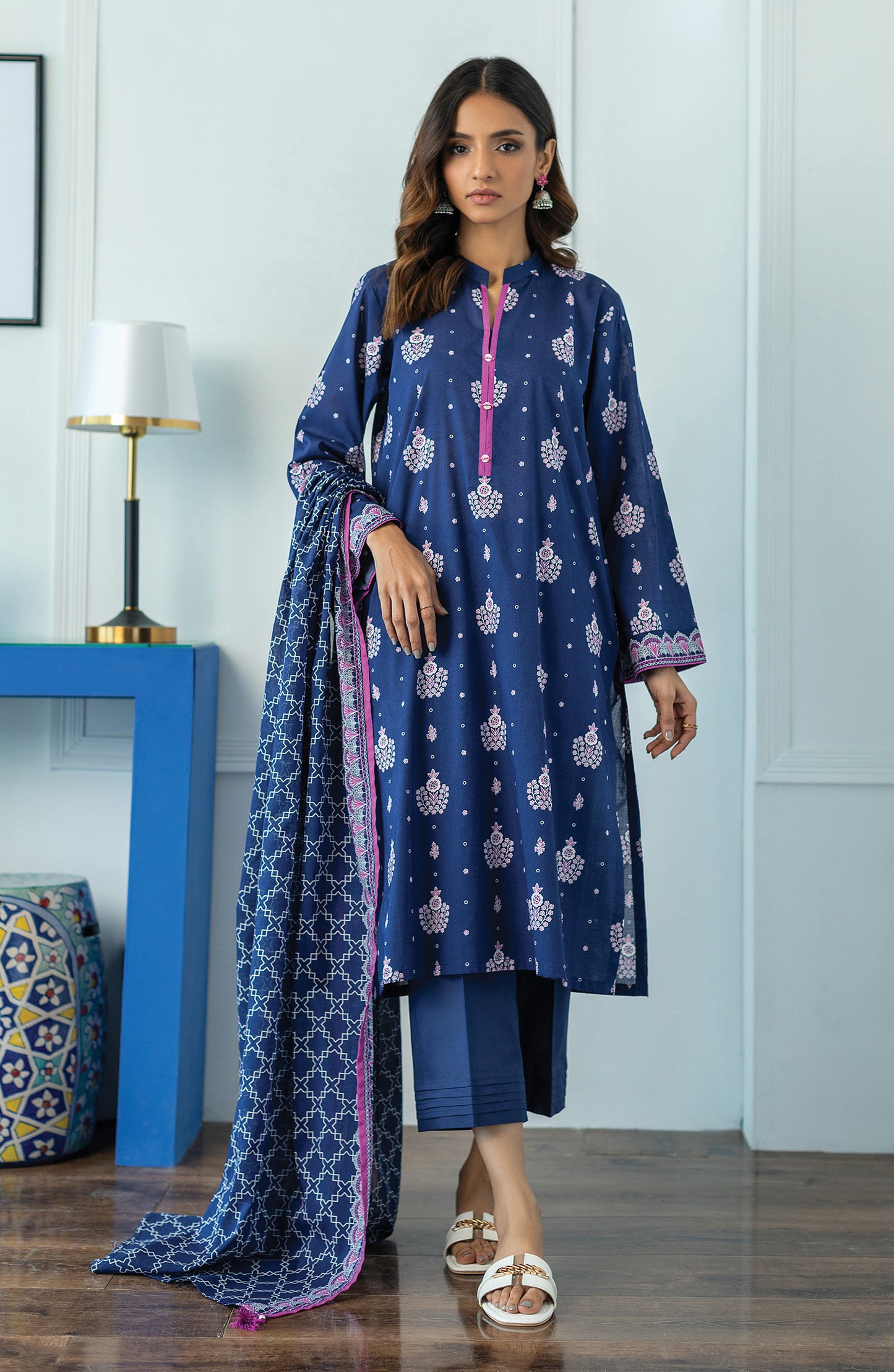 OTL-23-080/U BLUE LAWN  UNSTITCHED SHIRT DUPATTA PANTS