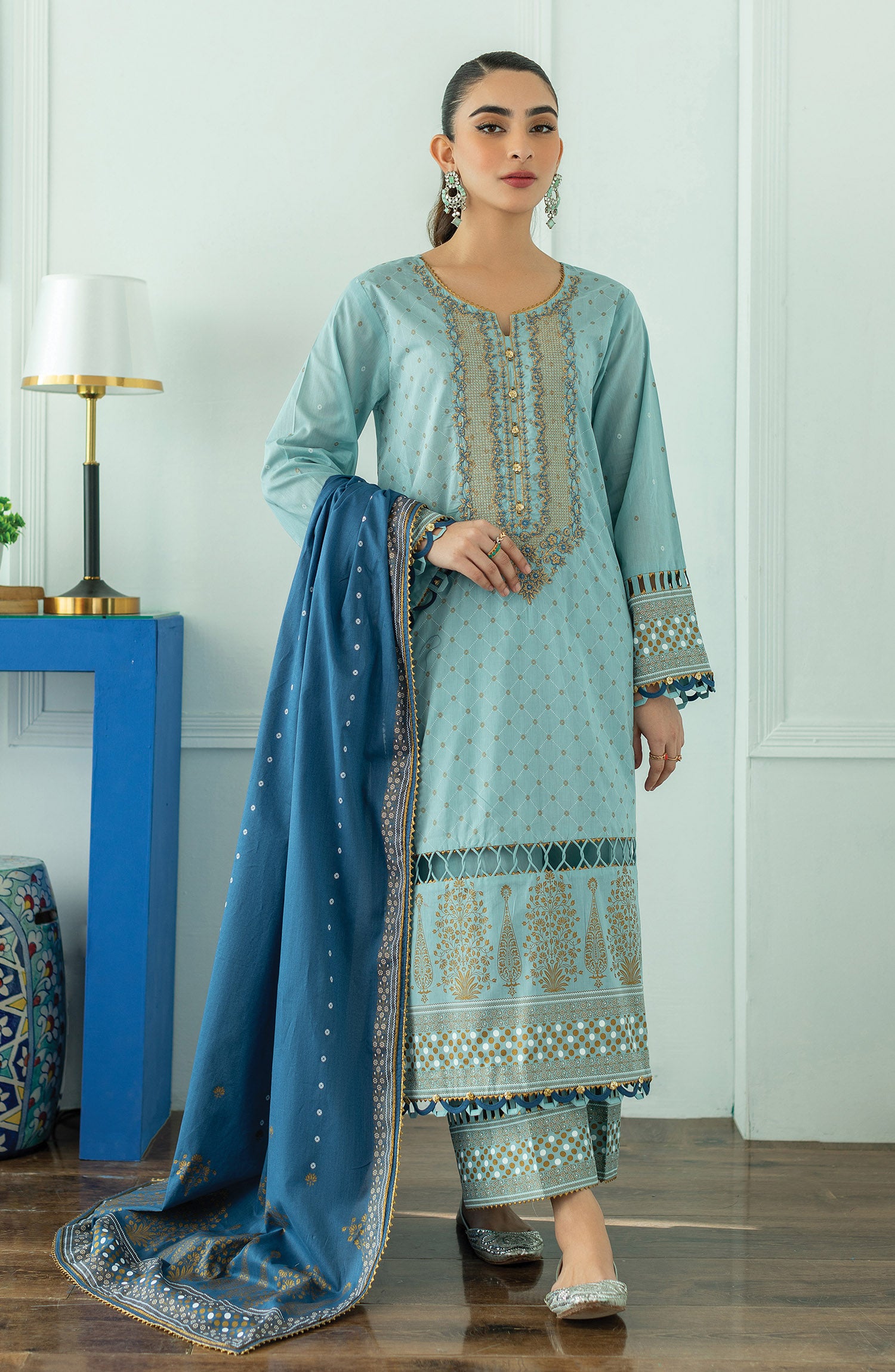 OTL-23-099/U L. BLUE LAWN  UNSTITCHED SHIRT DUPATTA PANTS